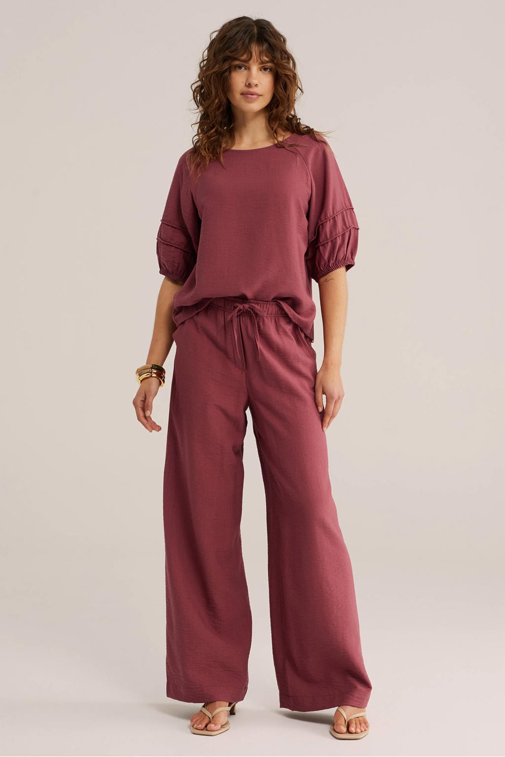 Oudroze dames WE Fashion top van viscose met effen, driekwart mouwen en ronde hals