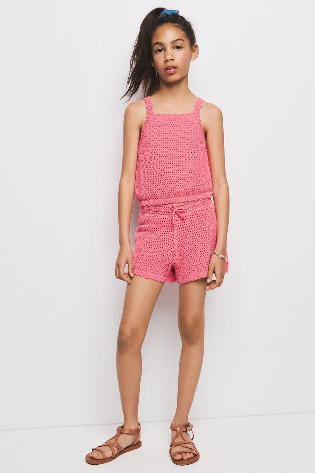 Roze meisjes Mango Kids mouwloze top met effen, vierkante hals en golvende afwerking