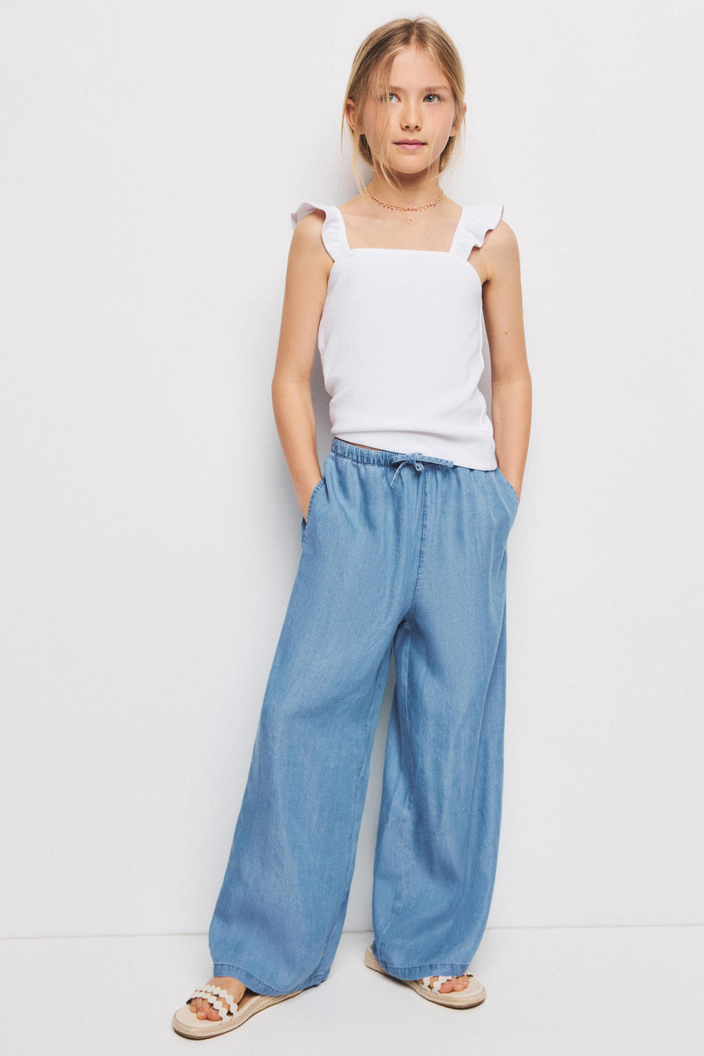 Light blue denim meisjes Mango Kids casual broek van denim met elastische tailleband met koord en effen