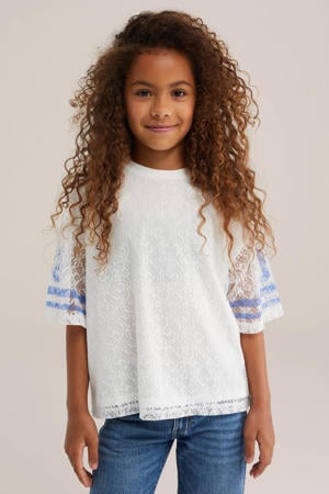 oversized gestreepte semi-transparante T-shirt met tekst - wit