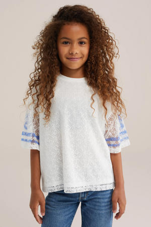 oversized gestreepte semi-transparante T-shirt met tekst - wit