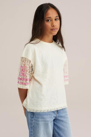 oversized gestreepte semi-transparante T-shirt met tekst - ecru