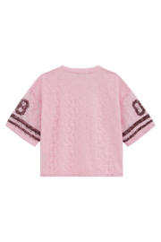 thumbnail: WE Fashion oversized gestreepte semi-transparante T-shirt met tekstprint - roze