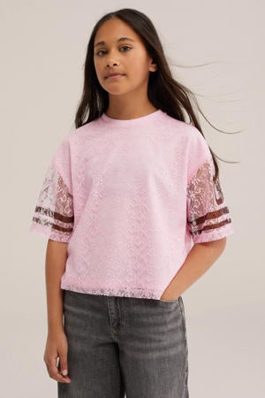 oversized gestreepte semi-transparante T-shirt met tekstprint - roze