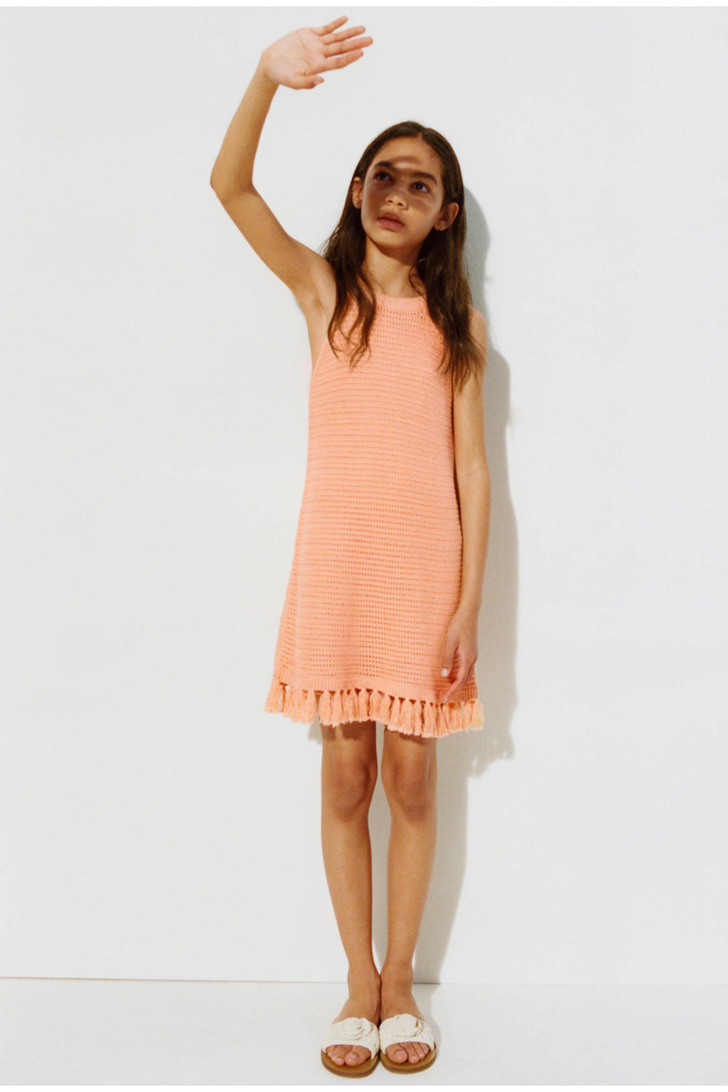 Oranje meisjes Mango Kids midi jurk van katoen met effen, ronde hals en franjes