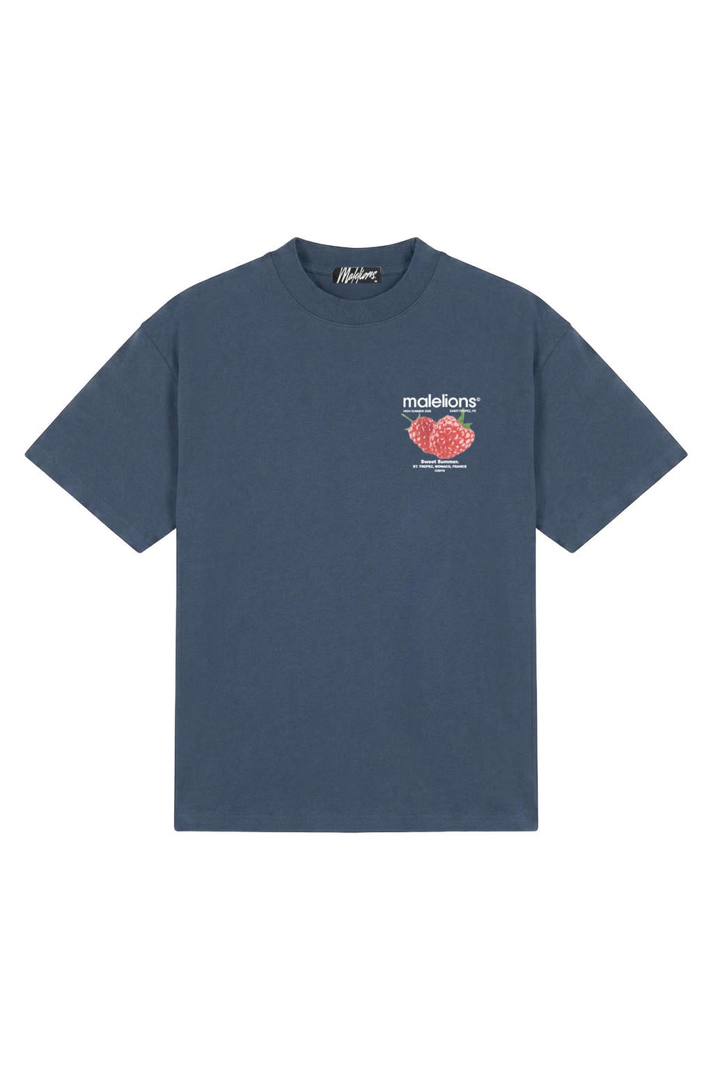Blauwe heren Malelions oversized T-shirt van katoen met backprint, korte mouwen en ronde hals