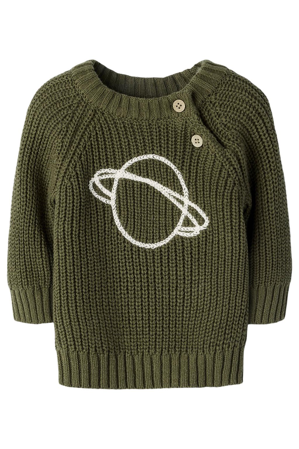Olijfgroene jongens LIL' ATELIER BABY katoenen regular fit gebreide trui en print met lange mouwen, ronde hals en borduursels