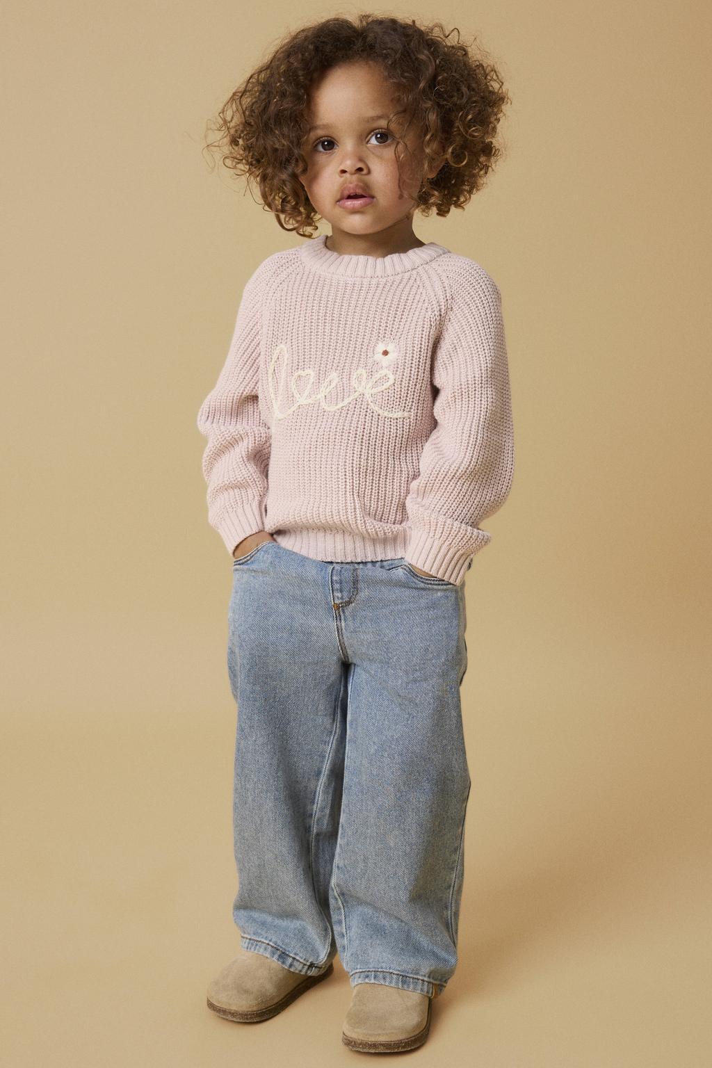 Oudroze meisjes LIL' ATELIER MINI katoenen regular fit gebreide trui en borduursels met lange mouwen en ronde hals
