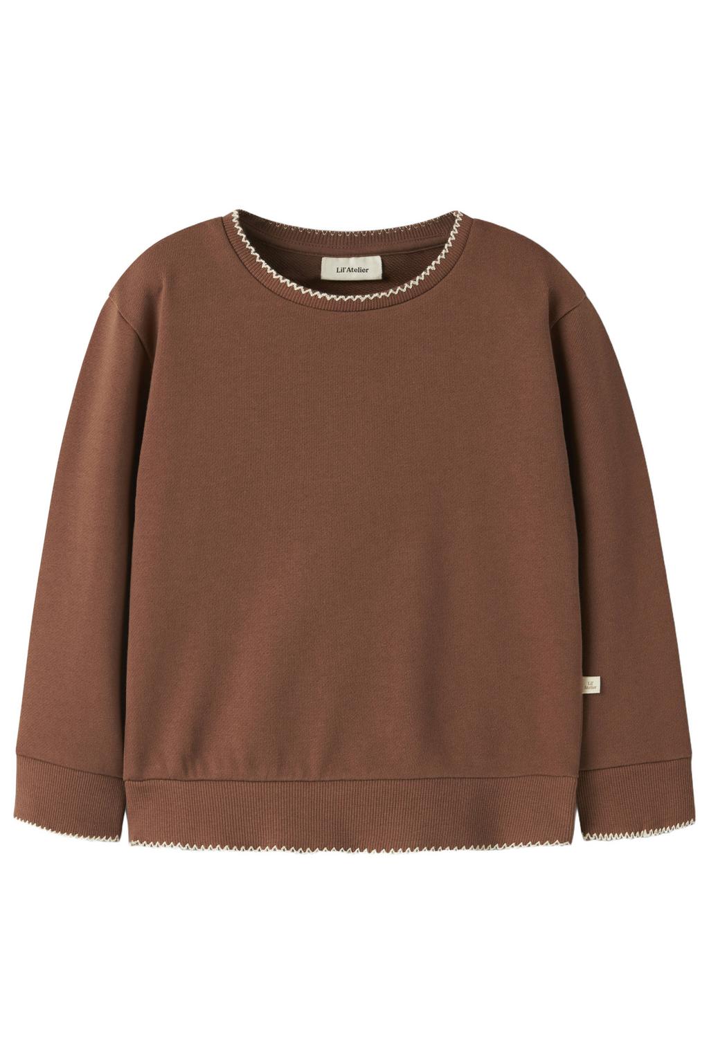 Bruine meisjes LIL' ATELIER MINI loose fit sweater met effen, lange mouwen, ronde hals en geribde boorden