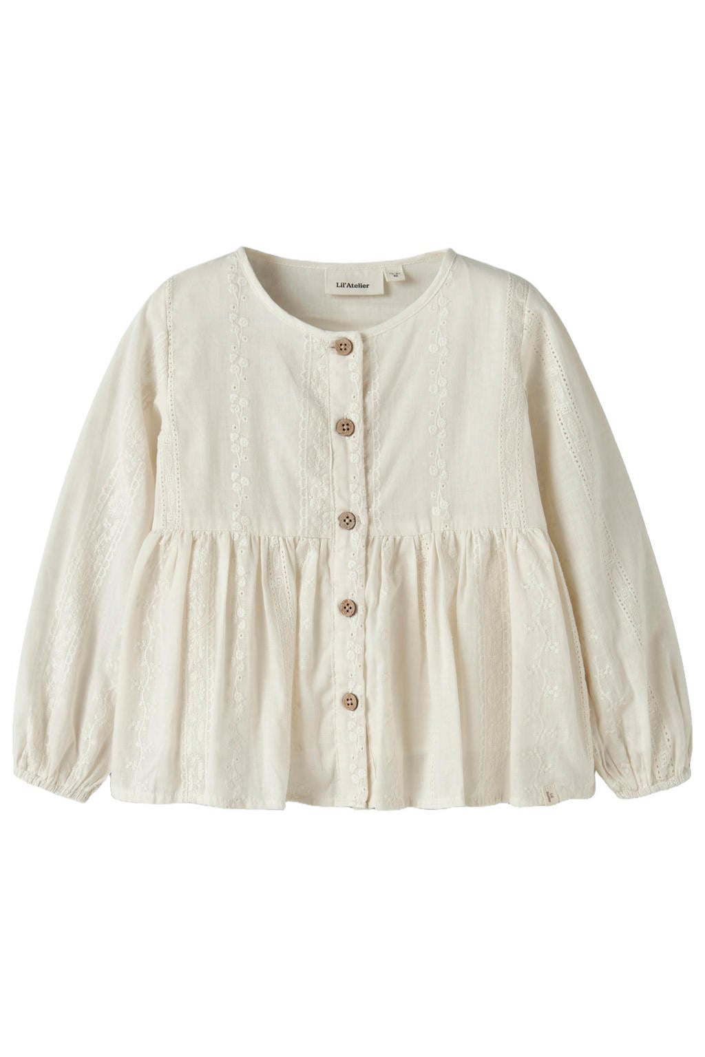 Ecru meisjes LIL' ATELIER MINI loose fit blouse van katoen met effen, lange mouwen, ronde hals en borduursels