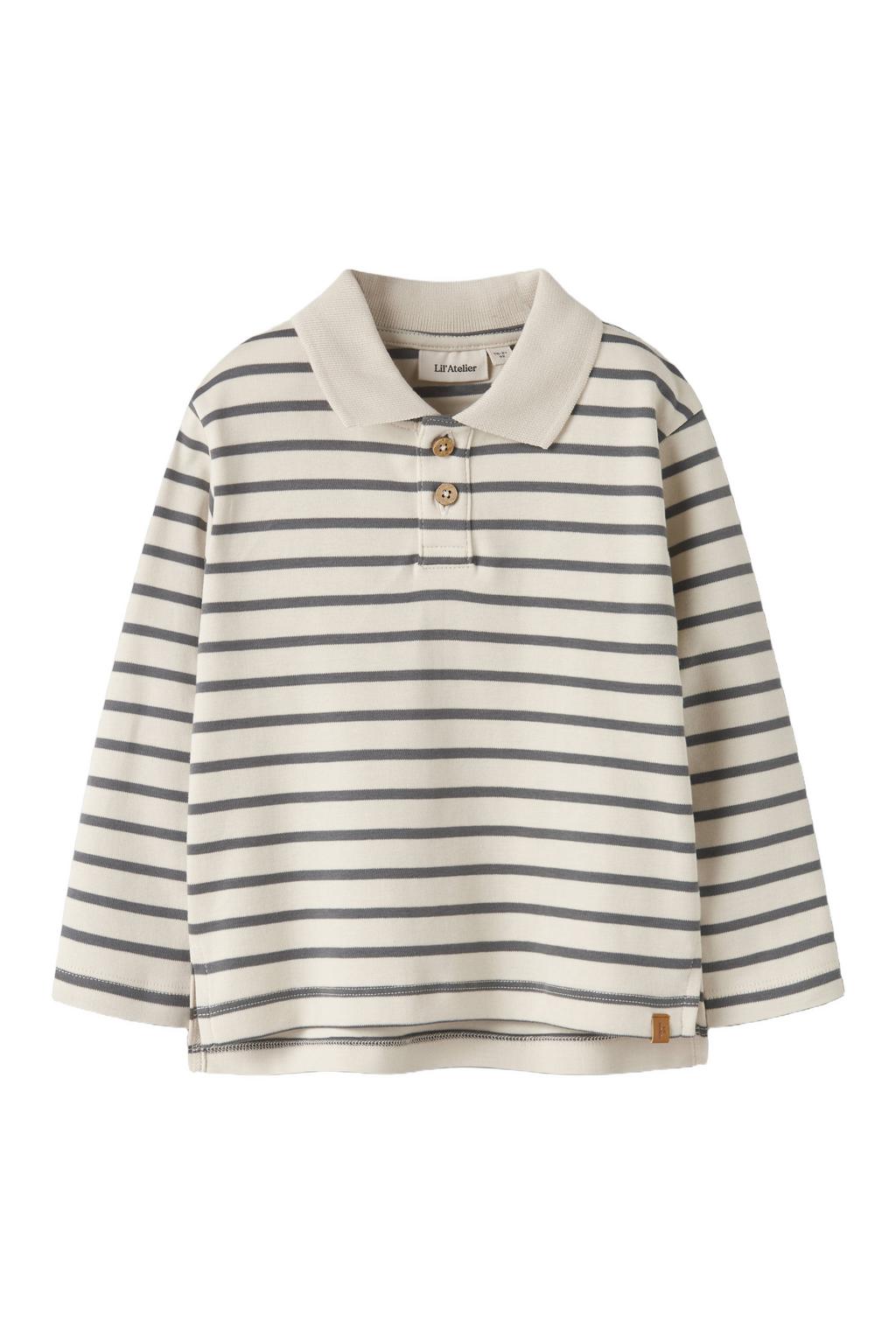 Ecru en grijze jongens LIL' ATELIER MINI loose fit gestreepte polo van katoen met lange mouwen
