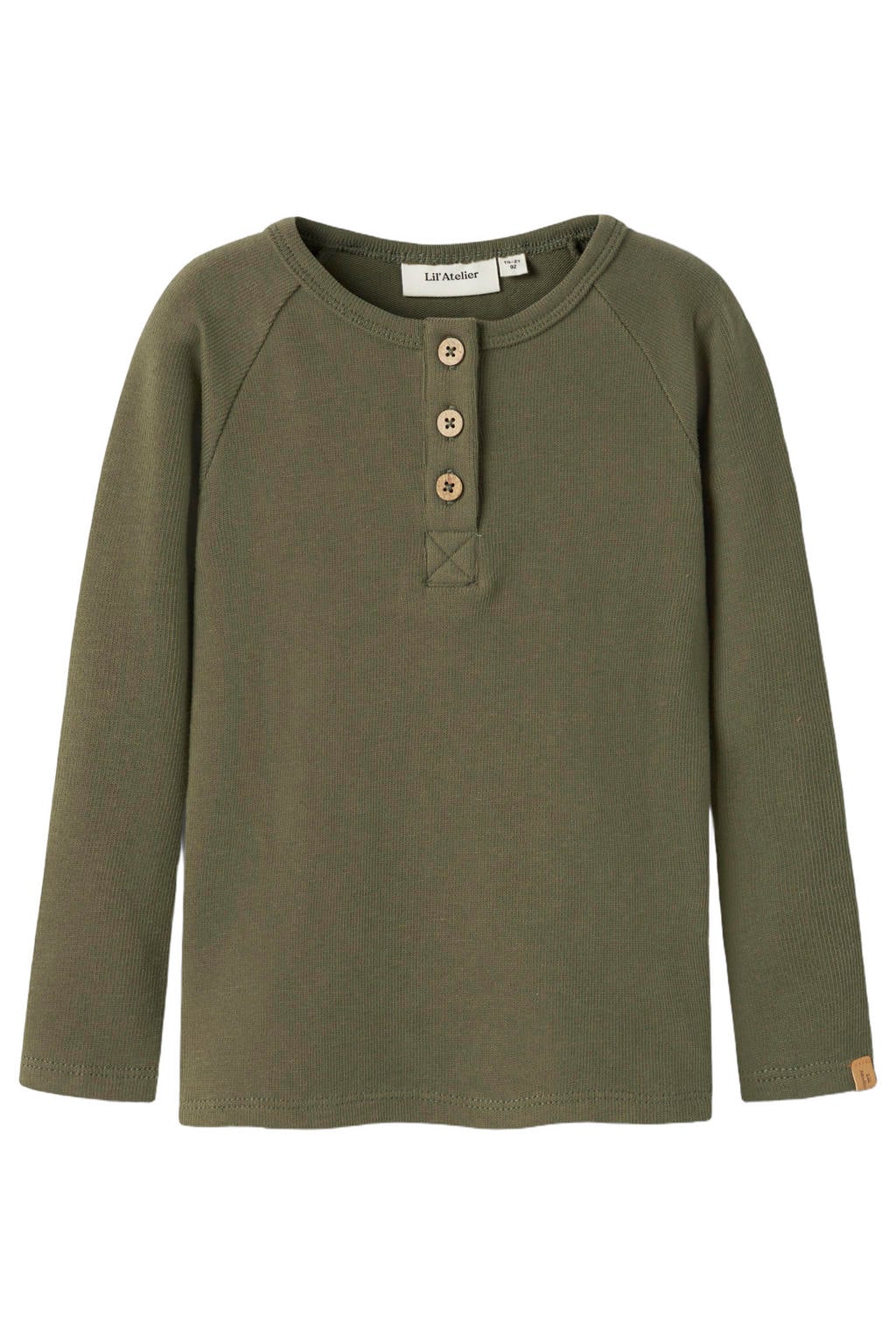 Olijfgroene jongens LIL' ATELIER MINI slim fit longsleeve van stretchkatoen met effen, lange mouwen en opstaande kraag