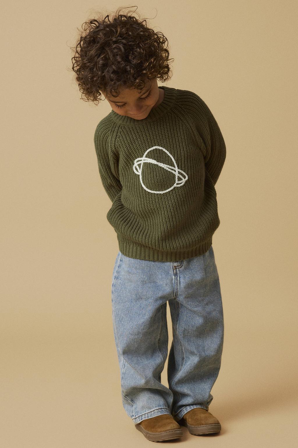 Olijfgroene jongens LIL' ATELIER MINI katoenen regular fit gebreide trui en print met lange mouwen, ronde hals en borduursels