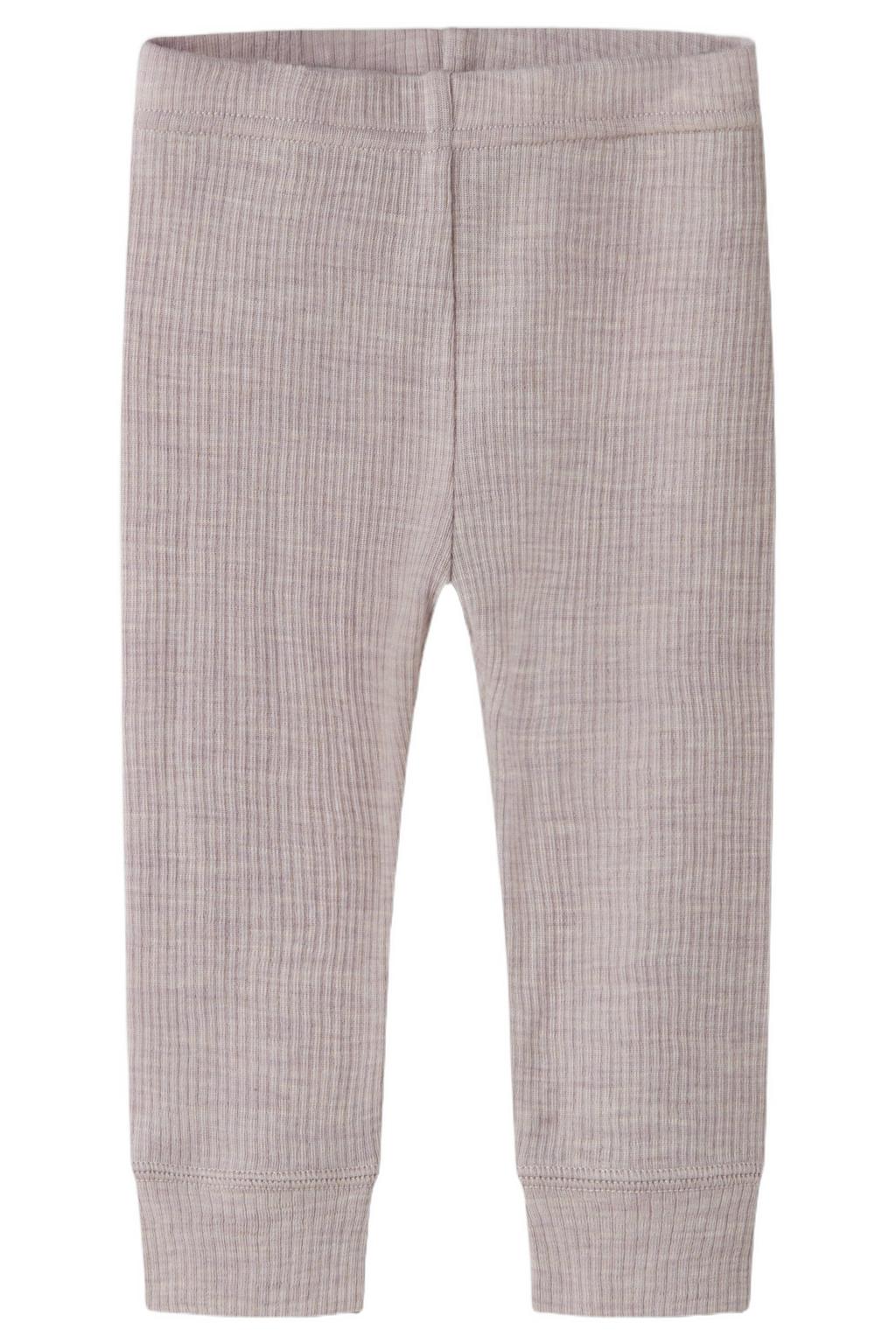 Lilakleurige NAME IT BABY slim babybroek van wol met elastische tailleband en melée print