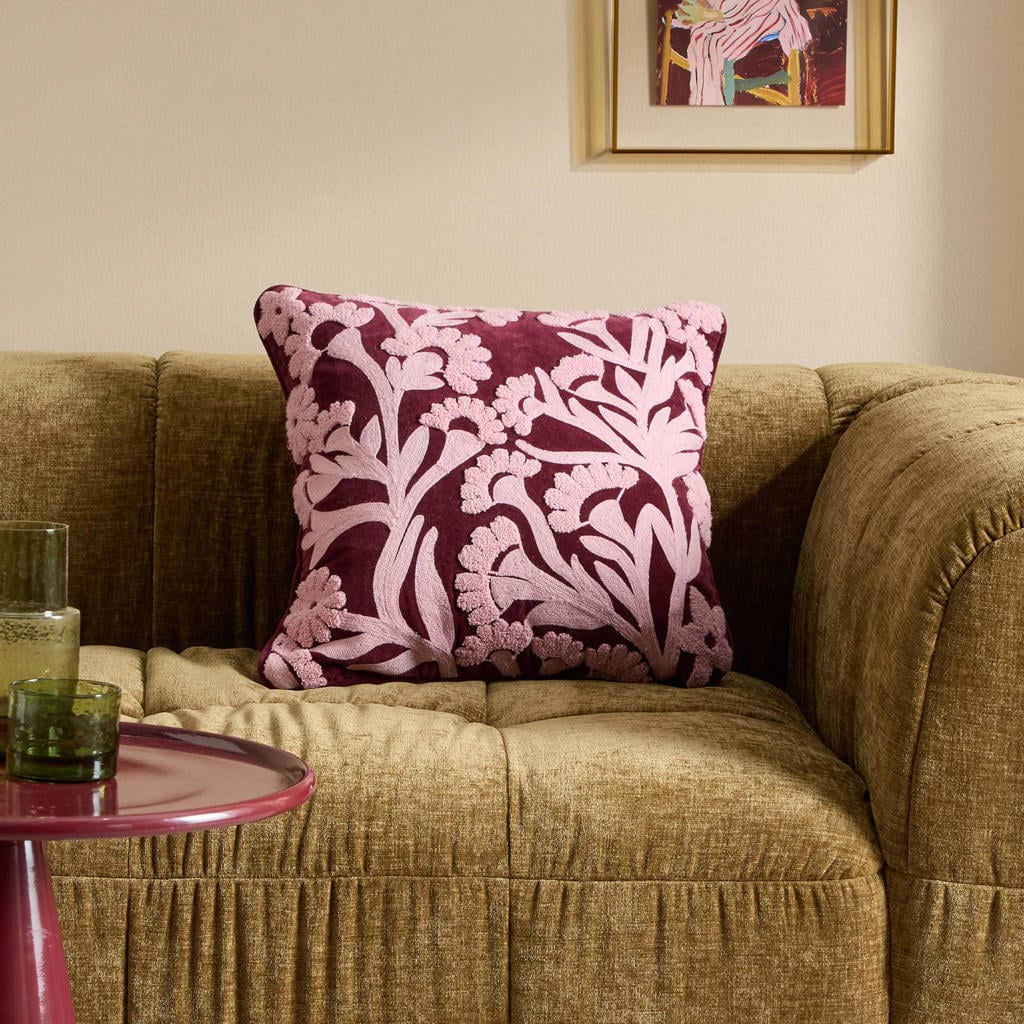 NOUS Living vierkante gebloemde sierkussenhoes Rosie 45x45 cm - bordeaux/roze