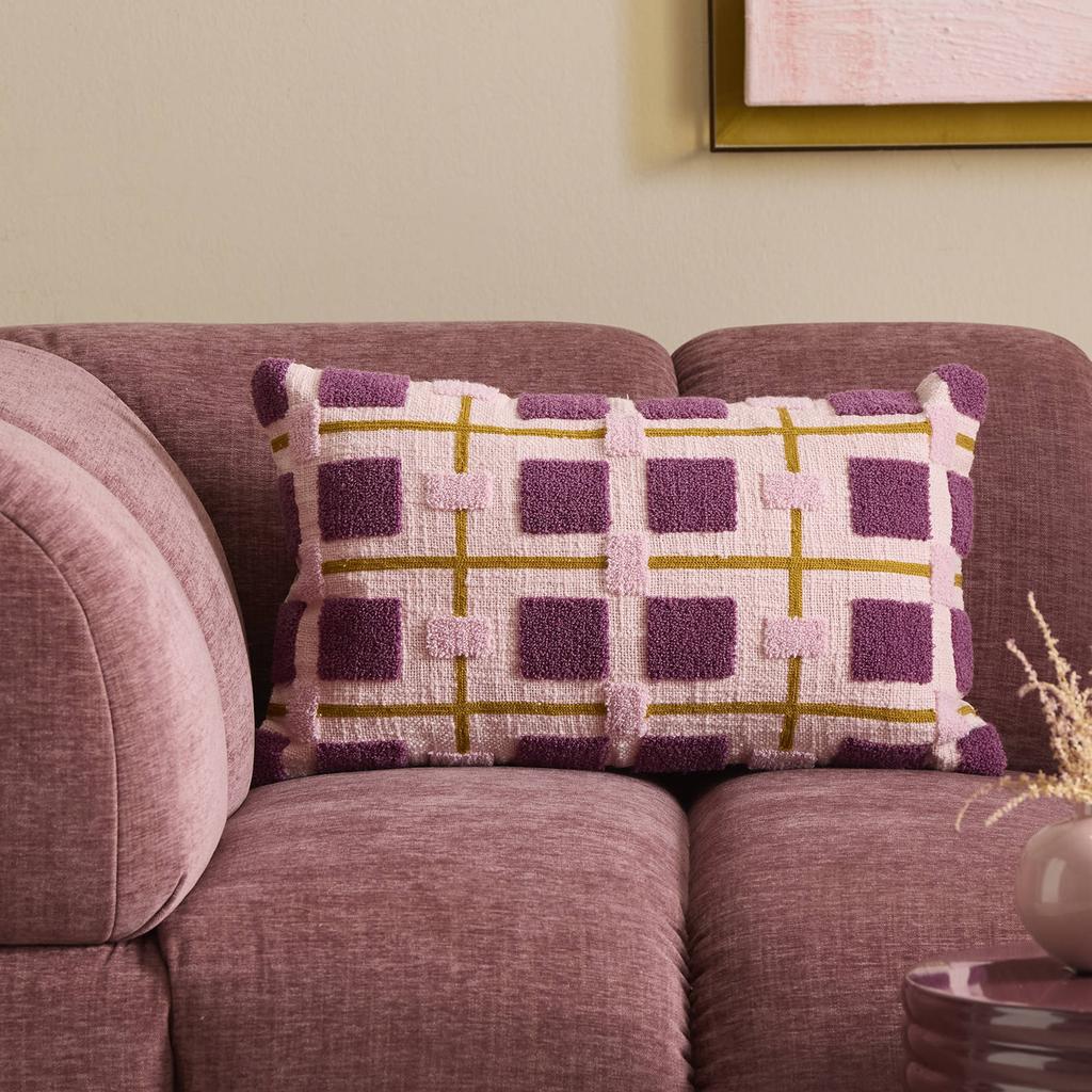 NOUS Living rechthoekige geruite sierkussenhoes Ryker 30x50 cm - roze/donkerroze/oker