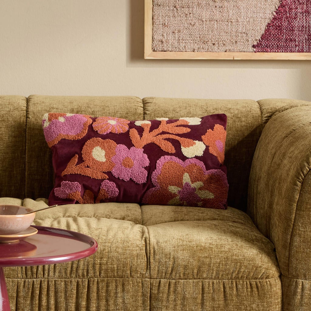NOUS Living rechthoekige gebloemde sierkussenhoes Rowena 30x50 cm - burgundy/roze/oranje/crème