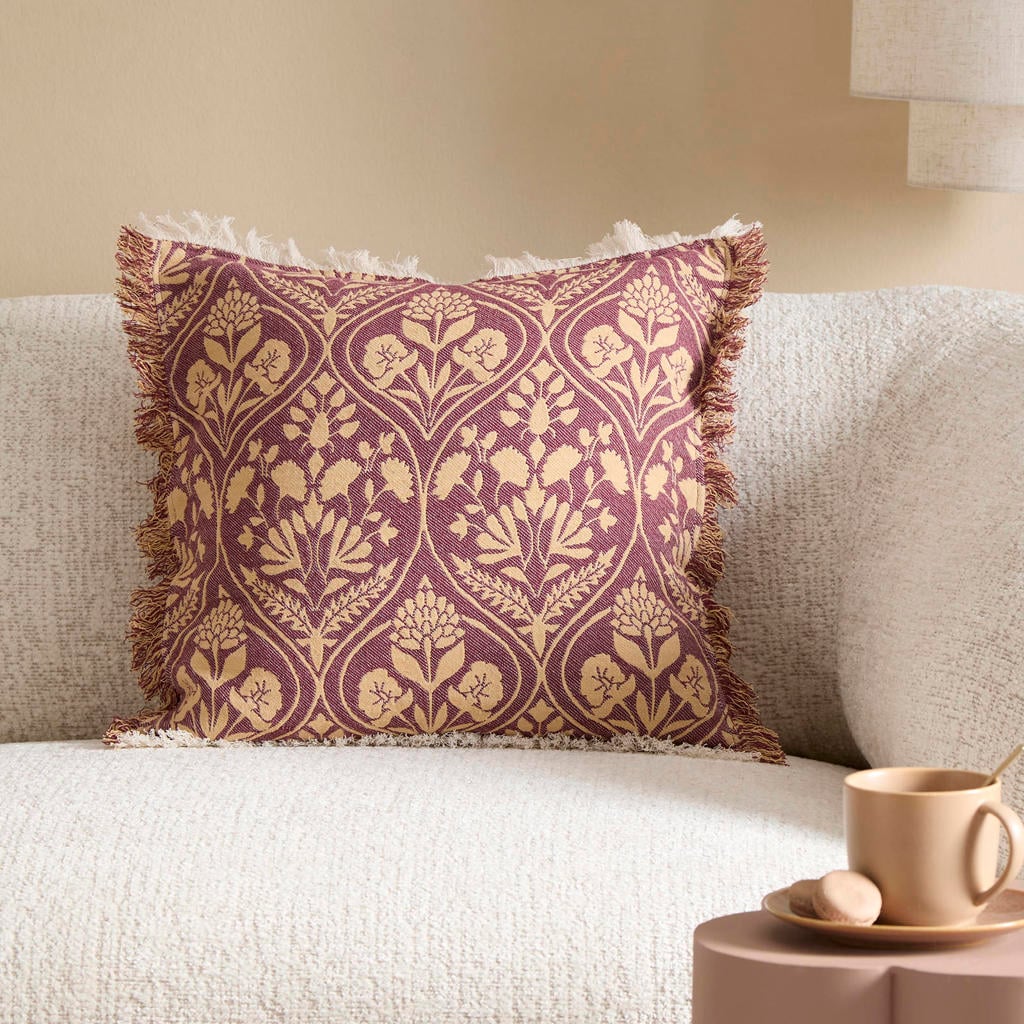 NOUS Living vierkante gebloemde sierkussen Rasha 45x45 cm - oudroze/beige/offwhite