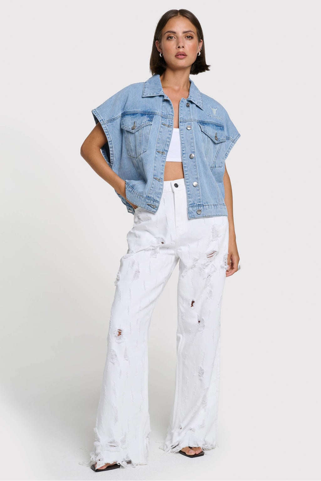 Light blue denim dames Alix the Label gilet van denim met effen, reverskraag en knoopsluiting