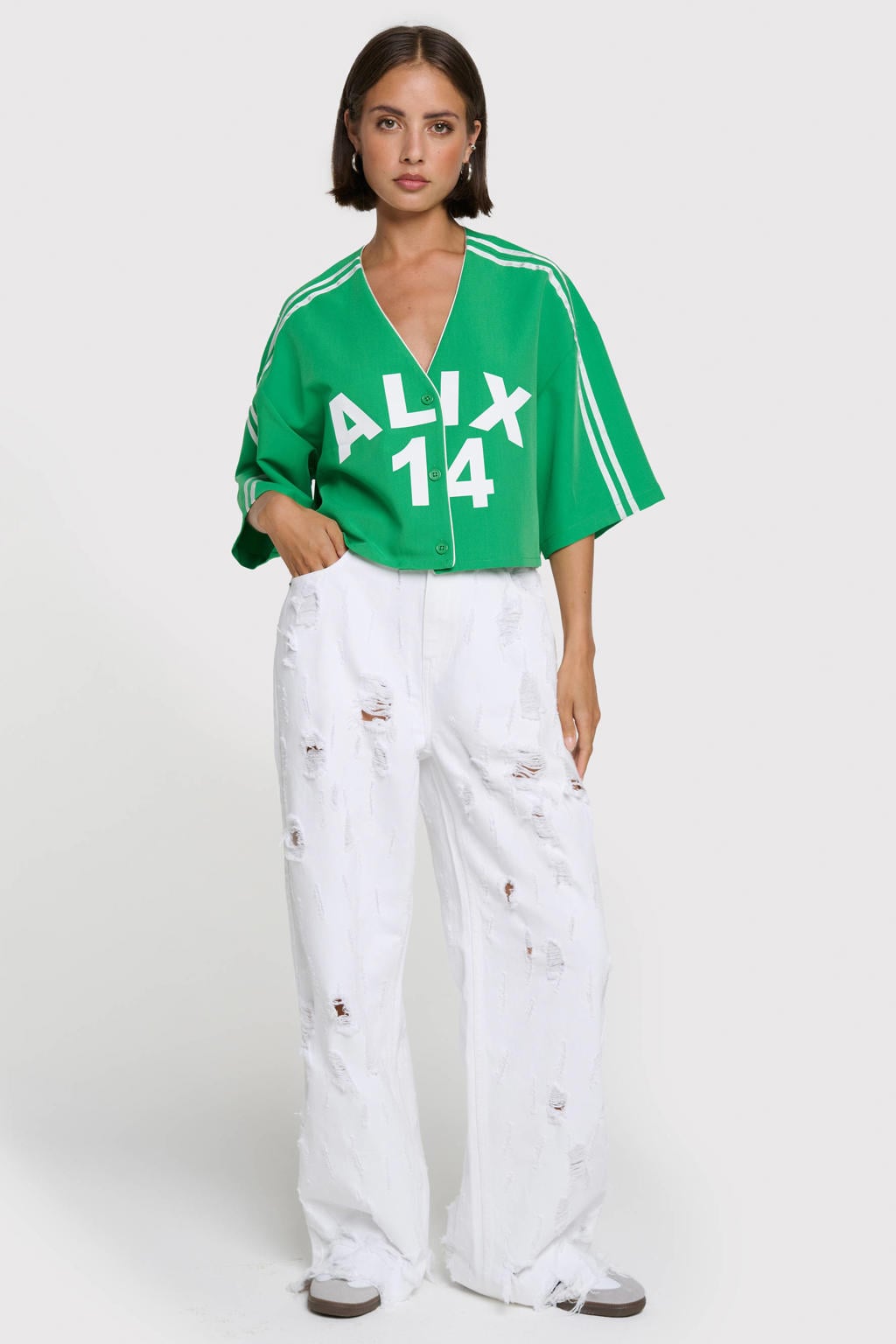 Groen en witte dames Alix the Label top met effen, half lange mouwen en V-hals