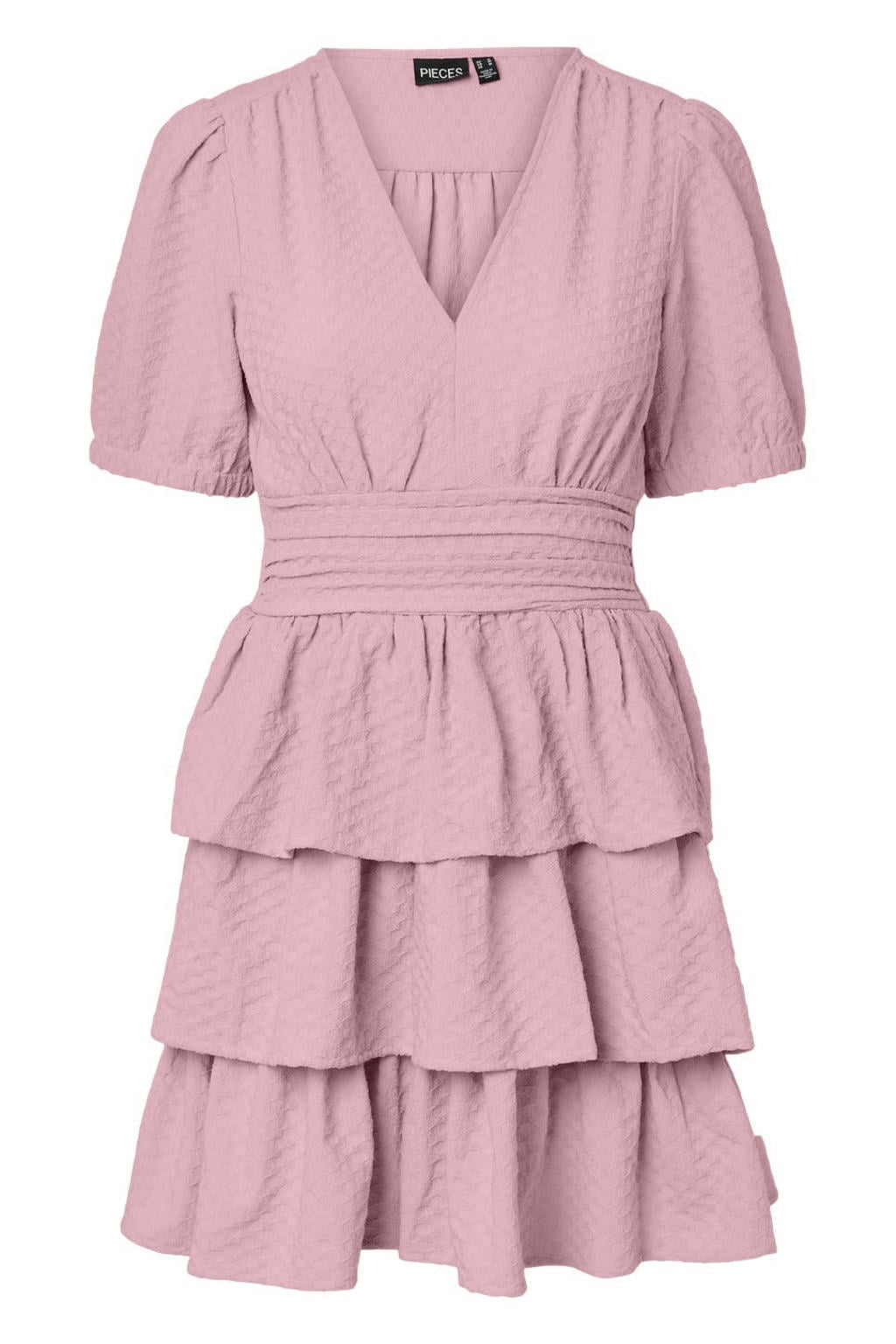 Oudroze dames PIECES korte jurk van polyester met effen, korte mouwen, V-hals, elastische tailleband en geweven detail