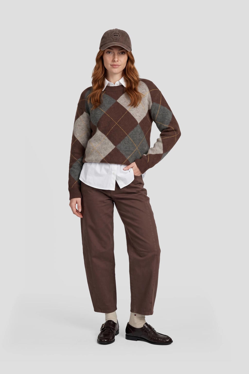 Bruin en grijze dames Anytime gebreide trui crème van polyester met lange mouwen en ronde hals