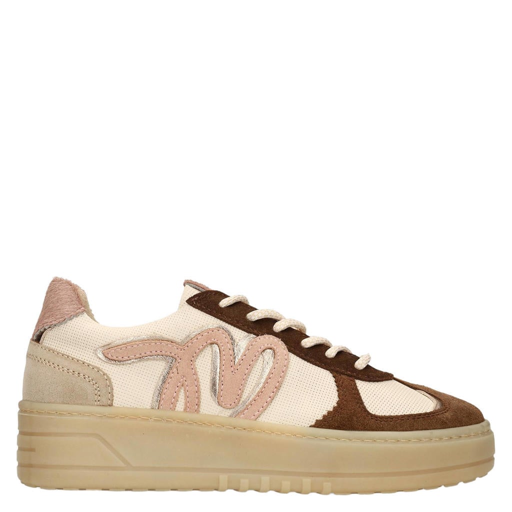Beige dames Manfield leren sneakers met veters