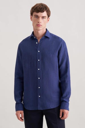 regular casual overhemd met linnen donkerblauw