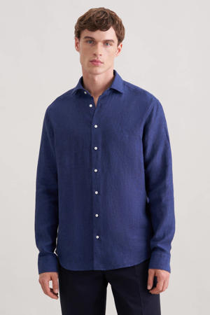 regular casual overhemd met linnen donkerblauw