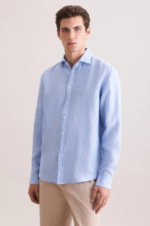 regular casual overhemd met linnen blauw