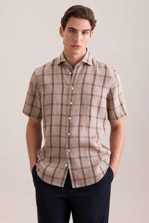 regular geruit casual overhemd met linnen beige