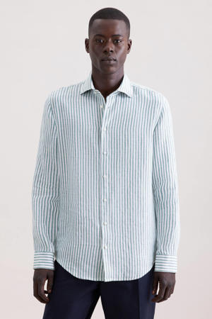 slim gestreept casual overhemd met linnen turquoise