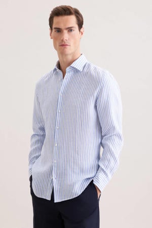 slim gestreept casual overhemd met linnen blauw