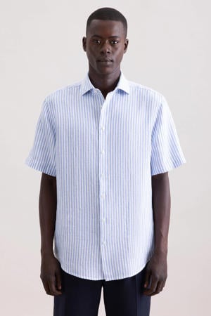 regular gestreept casual overhemd met linnen blauw