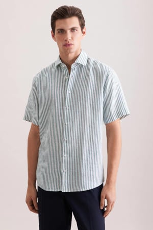 regular gestreept casual overhemd met linnen turquoise
