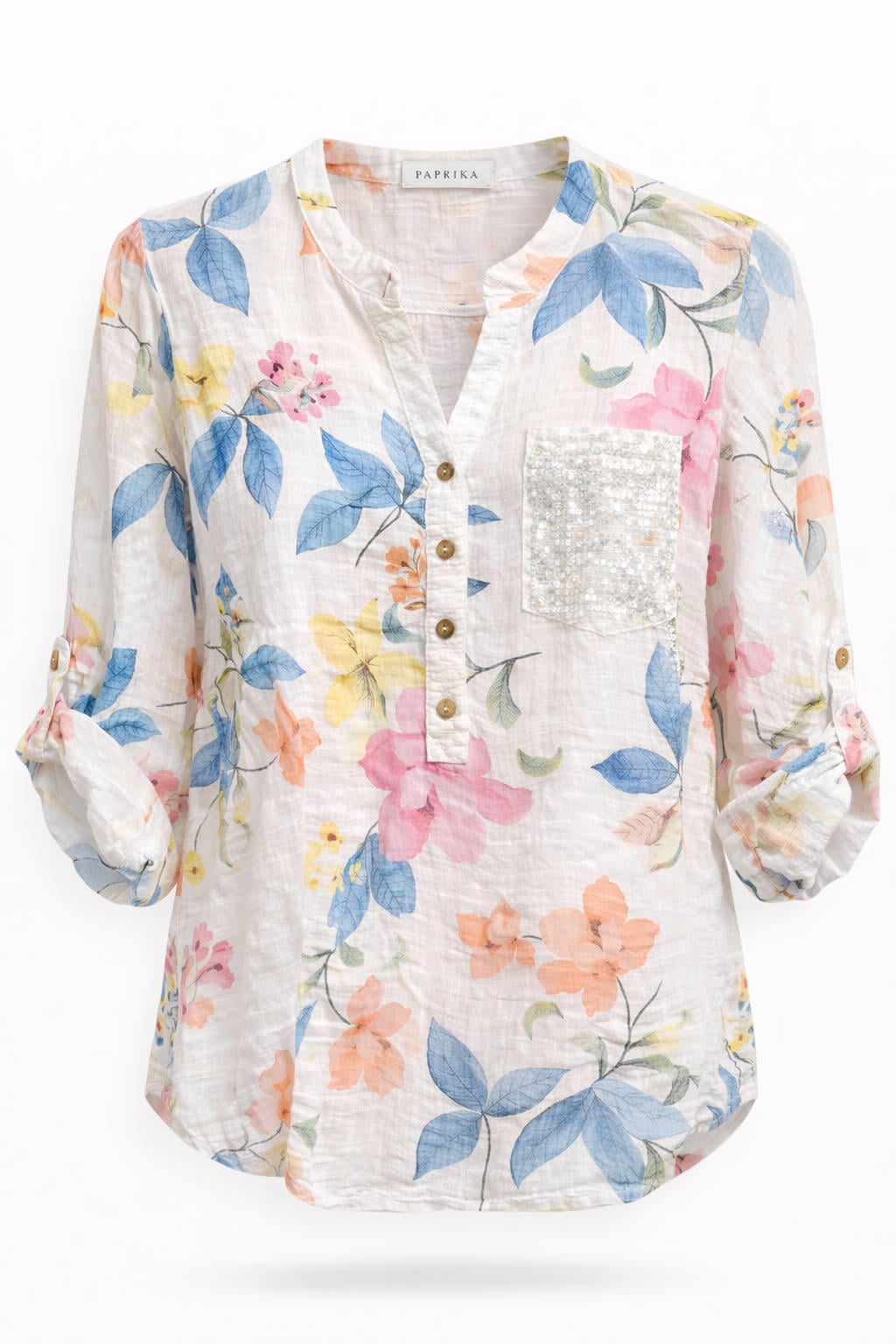 Ecru dames Paprika gebloemde blouse van katoen met half lange mouwen, klassieke kraag en knoopsluiting