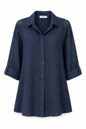 linnen blouse Plus Size - marineblauw
