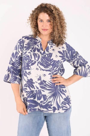 linnen top Plus Size met print - marineblauw