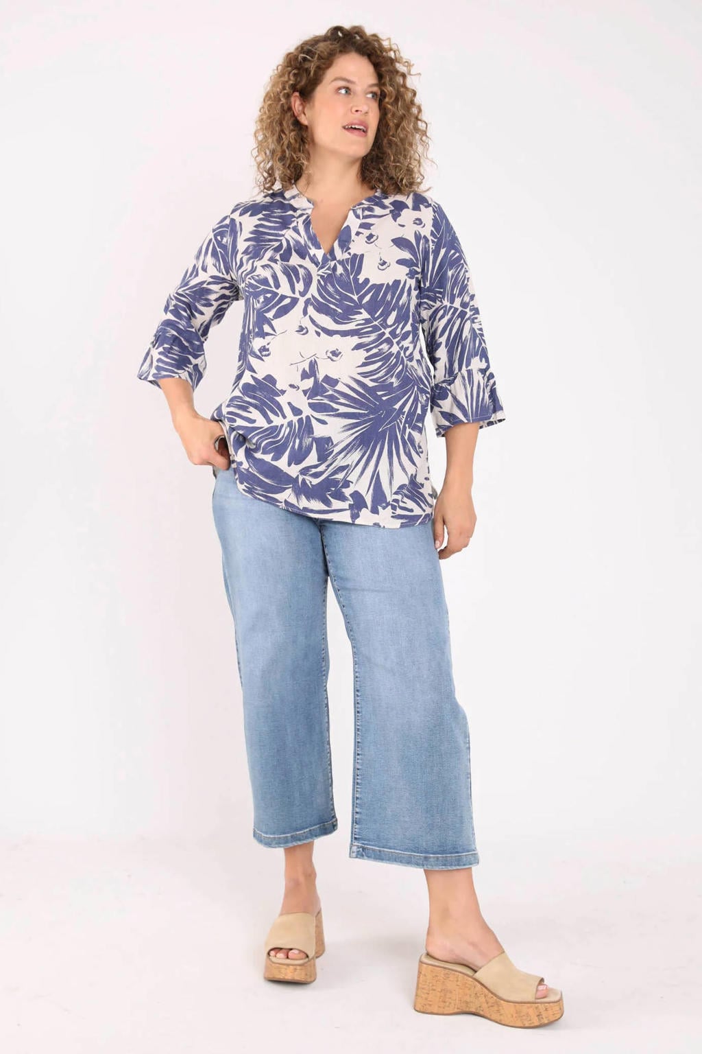 Paprika linnen top Plus Size met print - marineblauw