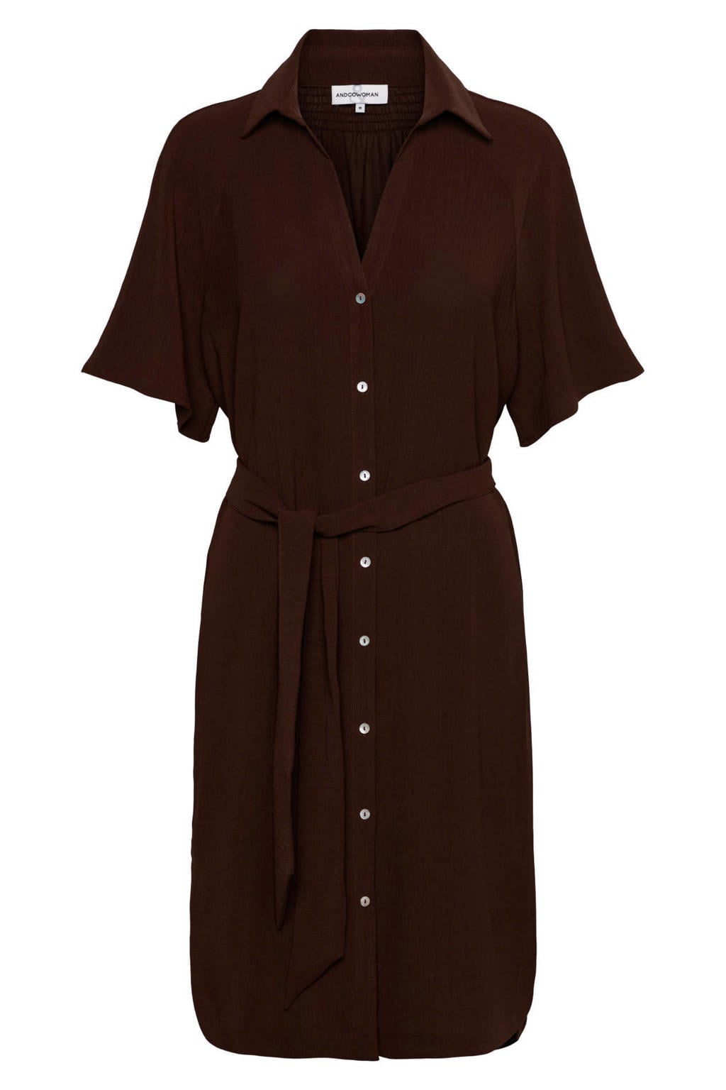 Bruine dames &Co Woman blousejurk van polyester met effen, korte mouwen, V-hals, knoopsluiting en ceintuur