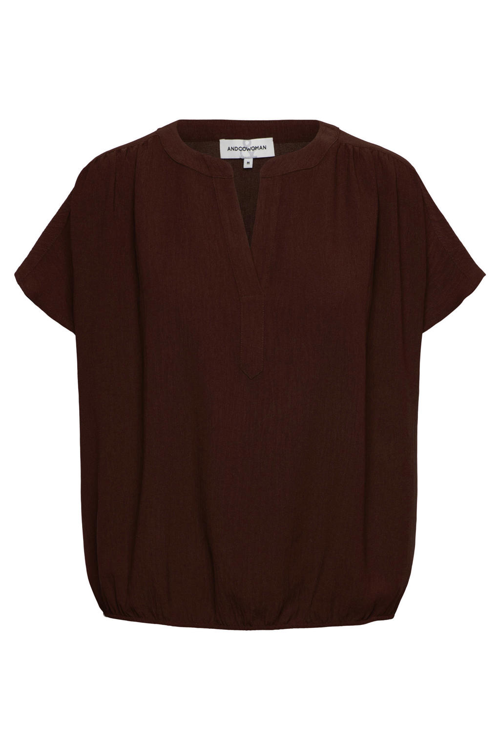 Bruine dames &Co Woman top boord van polyester met effen, korte mouwen en V-hals