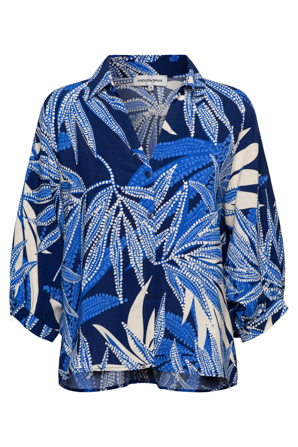 Blauwe dames &Co Woman viscose blouse met driekwart mouwen, V-hals en knoopsluiting