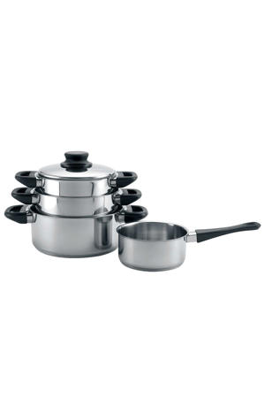  Pannenset RVS / Zwart 4-Delig - Kookpan ø 16, 18 , 20 cm & Steelpan ø 16 cm- Geschikt voor alle warmtebronnen