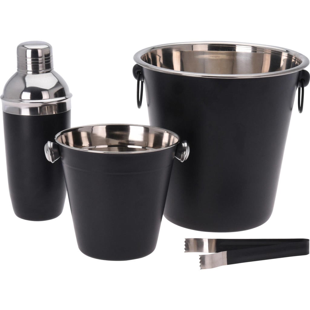 Cookinglife Barset Zwart 4-Delig - Cocktailshaker, Champagnekoeler, Ijsemmer en Tang