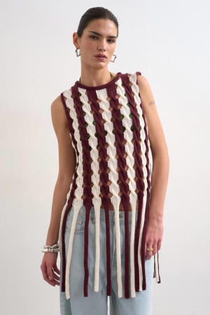 regular fit gestreepte gebreide top met franjes - donkerrood