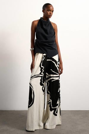 wide leg fit gebloemde casual broek met linnen - ecru