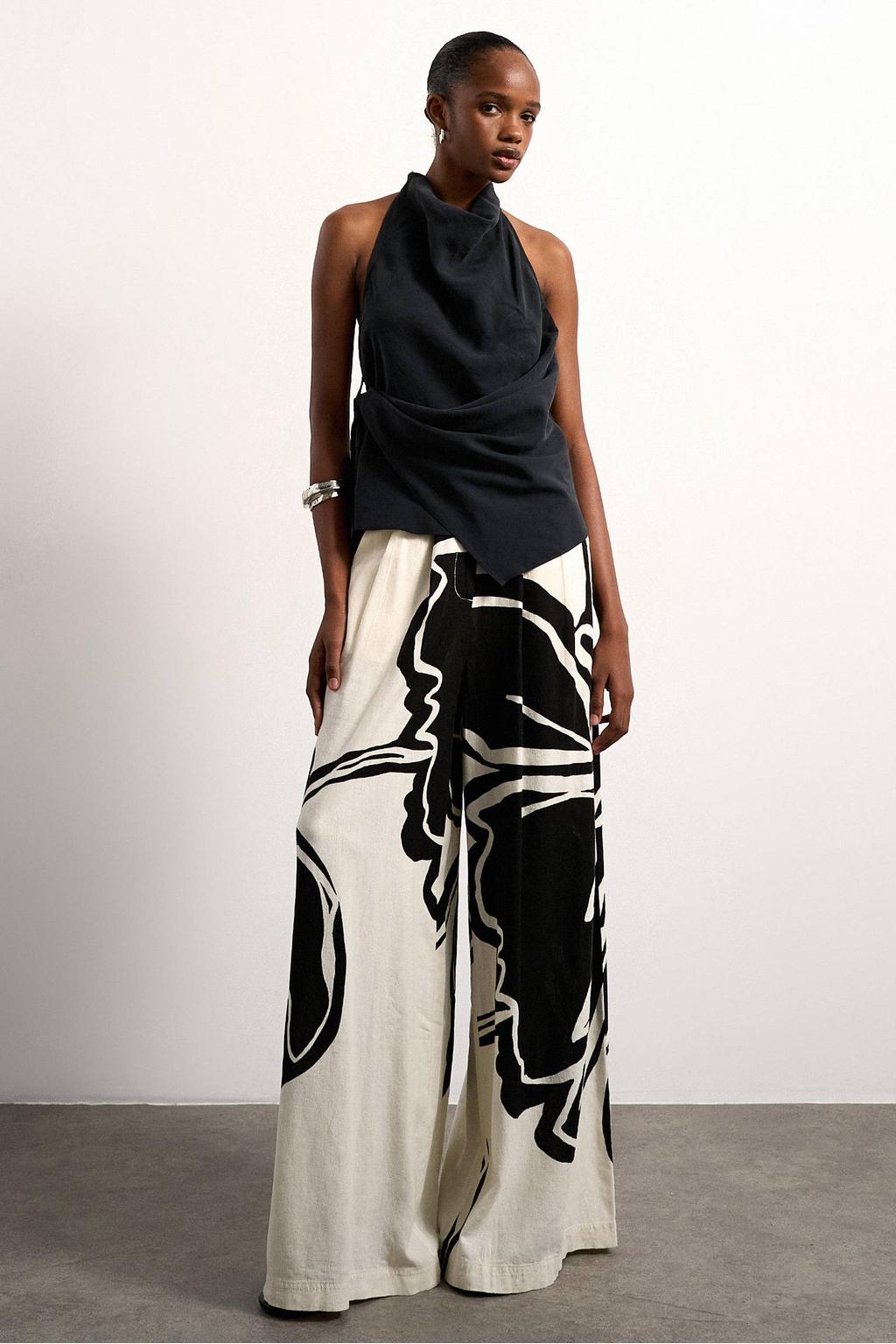 Ecru en zwarte dames TOPSHOP wide leg fit gebloemde casual broek van linnen met rits, haak- en knoopsluiting