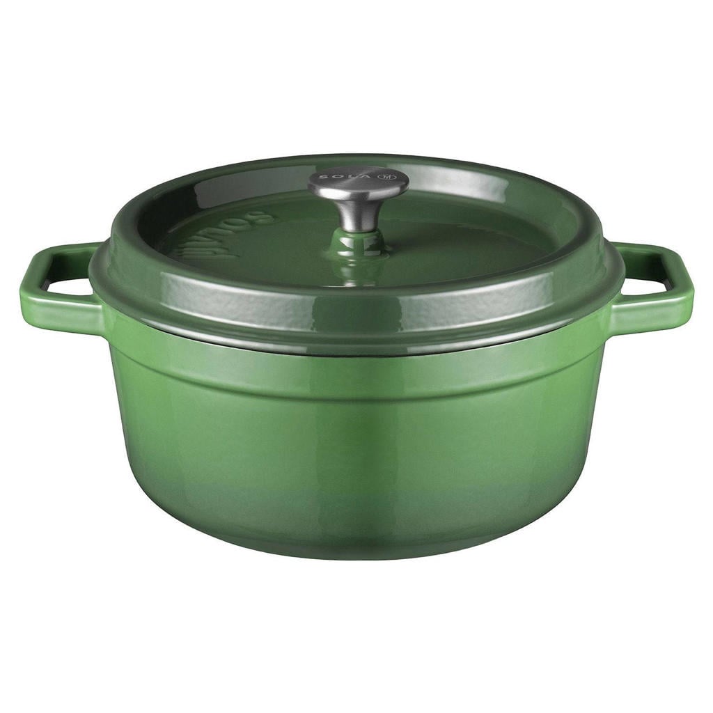 Sola Braadpan met deksel Gietijzer - Groen - ø 24 cm / 3.2 Liter - geëmailleerde anti-aanbaklaag