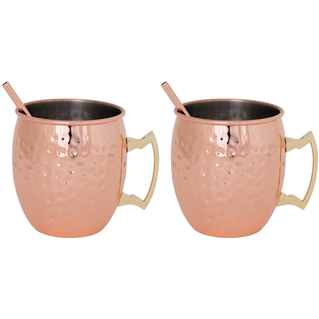 Cosy & Trendy Moscow Mule Cocktailbekers met Rietjes - Gehamerd Koper - 450 ml - 2 Stuks