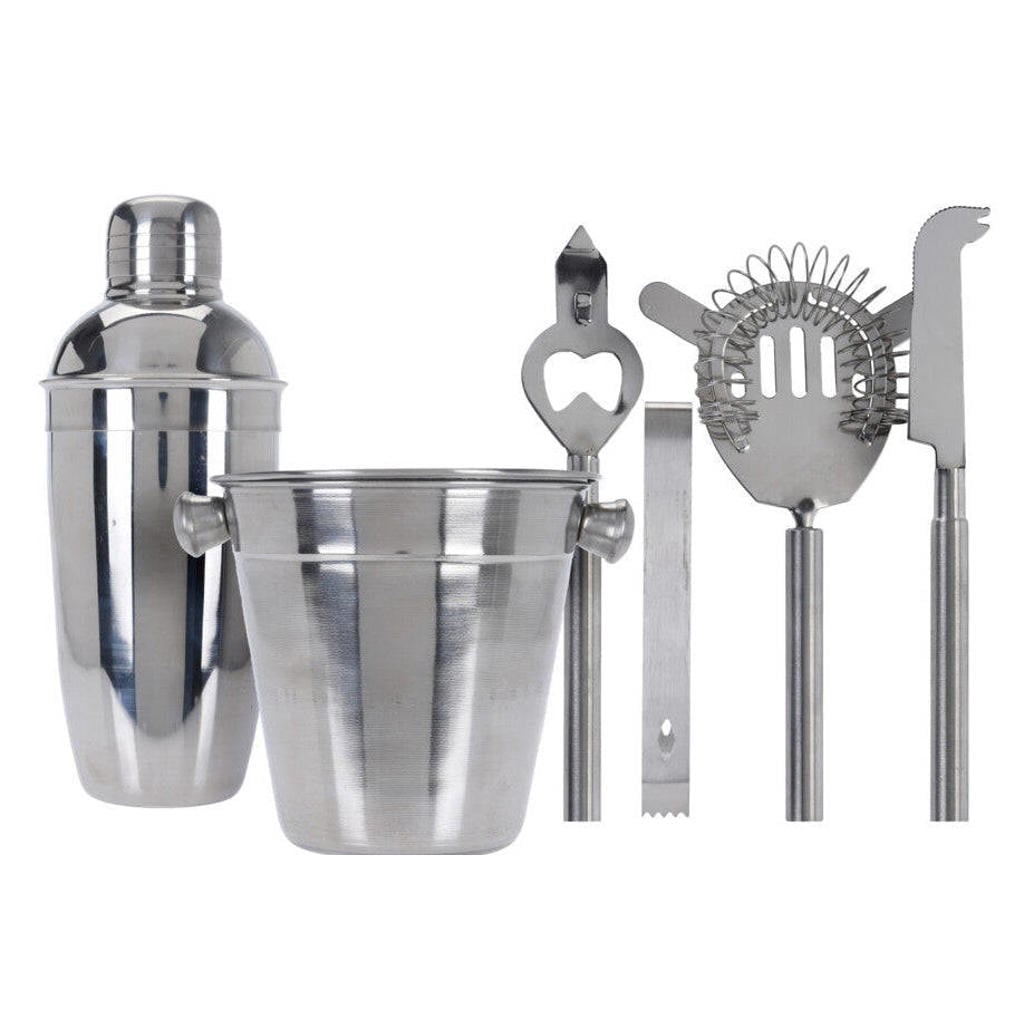 Cookinglife Barset RVS 6-Delig - Cocktailshaker, Ijsemmer, Zeef, Flesopener, Tang en Mes